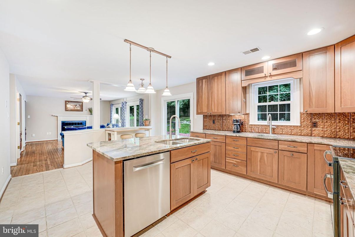 Fireplace, Interior, Kitchen, Pendant Lights, Recessed Lighting, Stainless Steel Appliances
