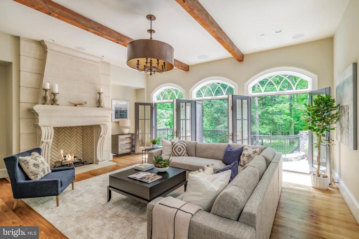 Chandelier, Fireplace, Interior, Living room, Recessed Lighting, Wooden Beams, Wood Texture Flooring
