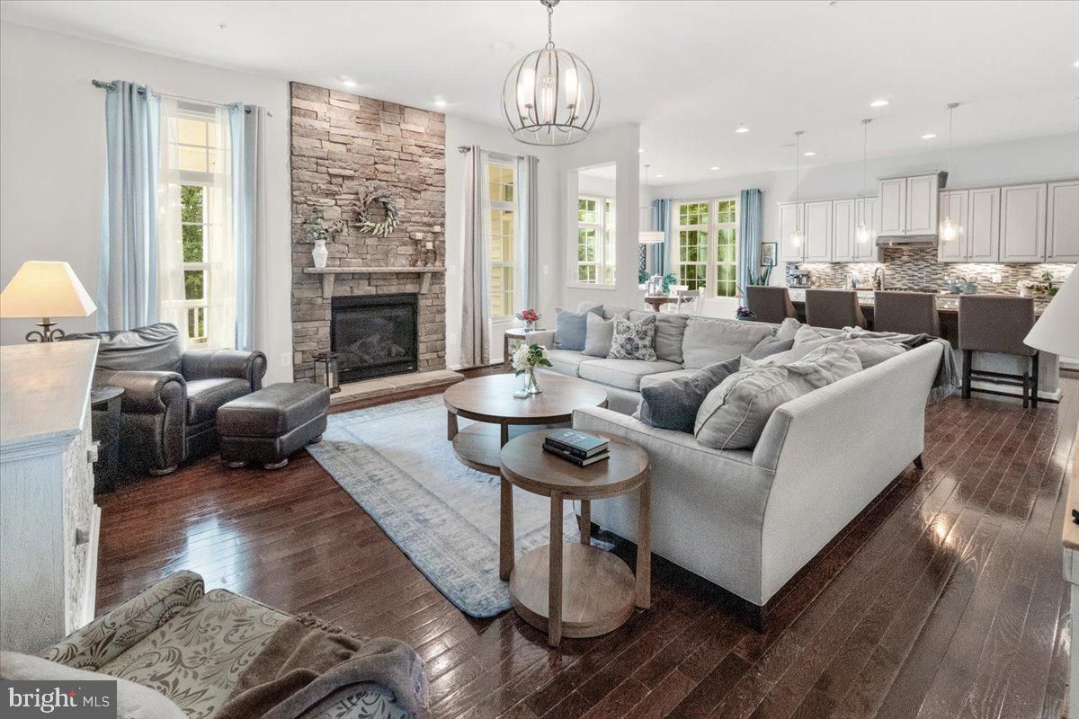 Dining room, Fireplace, Interior, Kitchen, Living room, Pendant Lights, Recessed Lighting, Stone Walls, Wood Texture Flooring