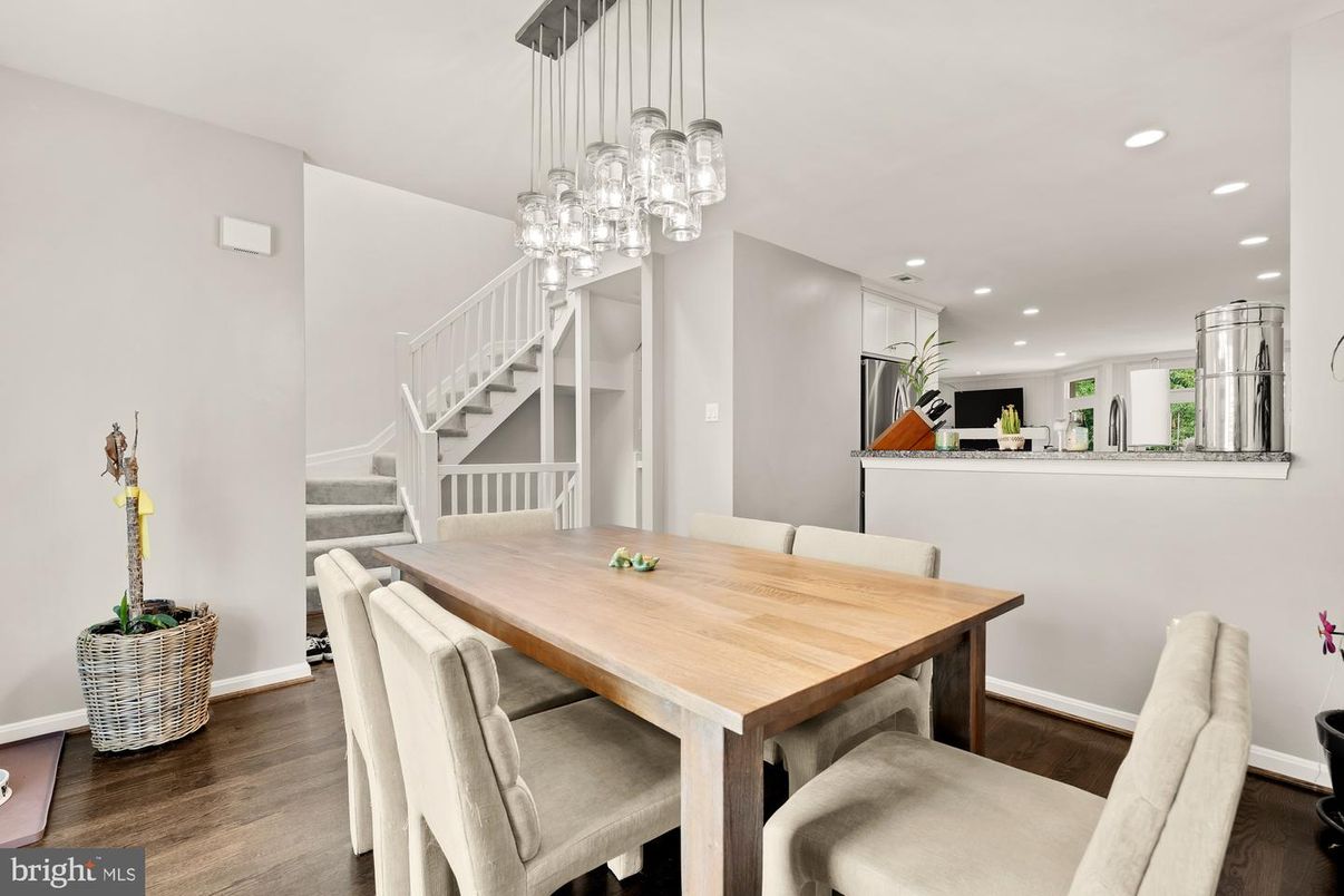 Dining room, Interior, Pendant Lights, Recessed Lighting, Wood Texture Flooring