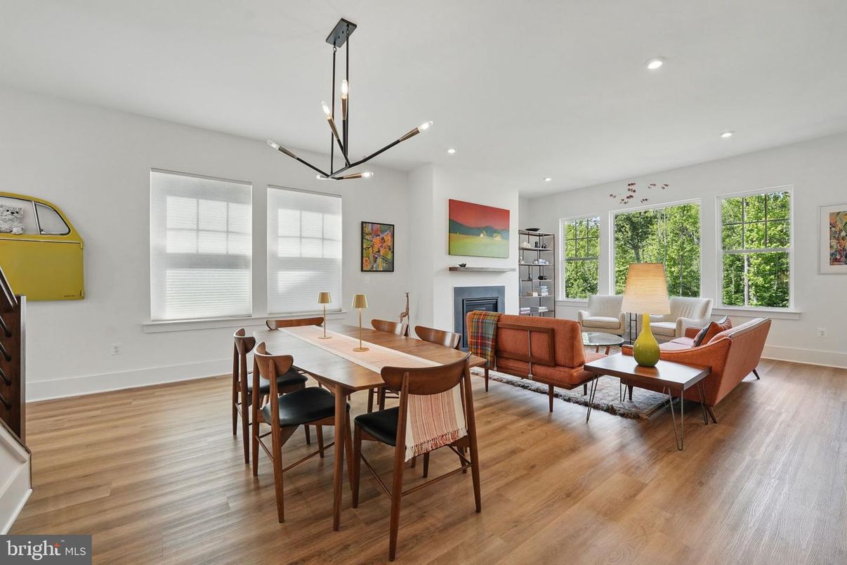 Dining room, Fireplace, Interior, Living room, Pendant Lights, Recessed Lighting, Wood Texture Flooring