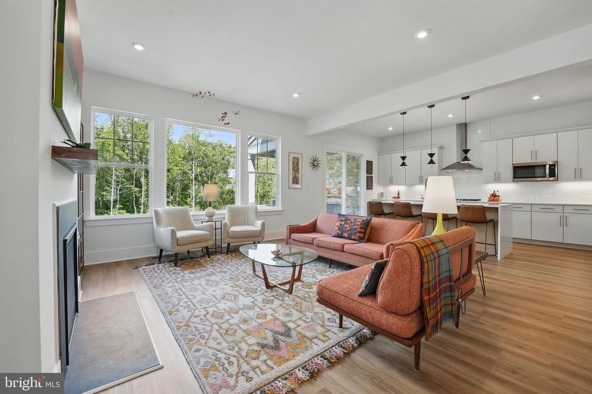 Fireplace, Interior, Kitchen, Living room, Pendant Lights, Recessed Lighting, Stainless Steel Appliances, Wood Texture Flooring