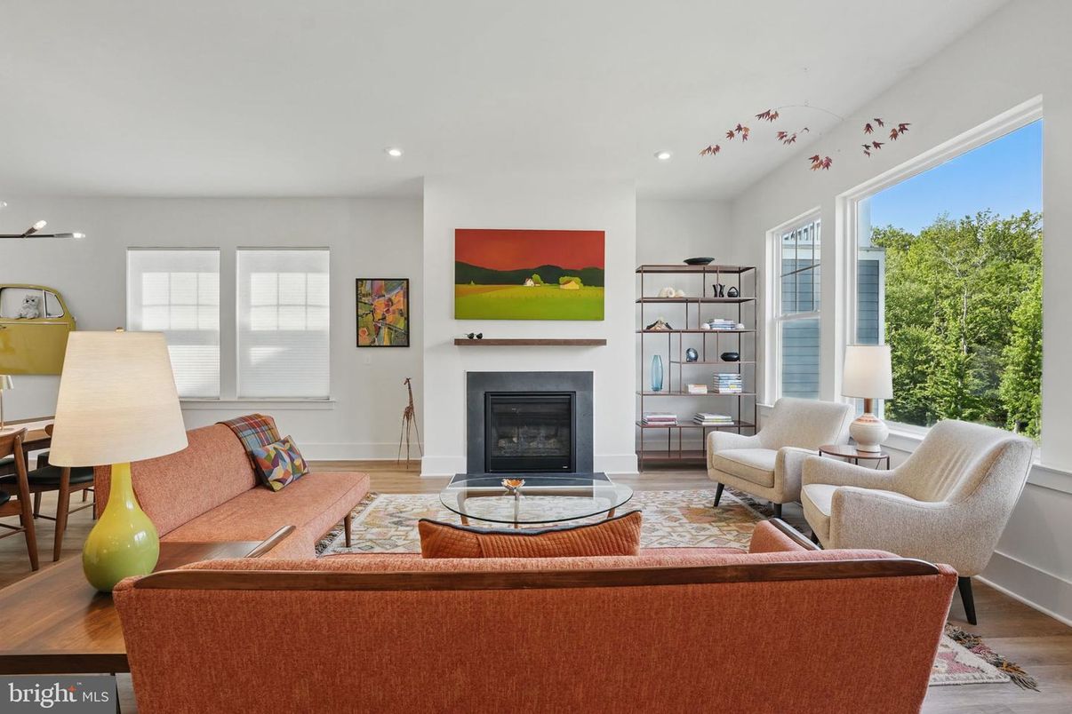 Fireplace, Interior, Living room, Recessed Lighting, Wood Texture Flooring