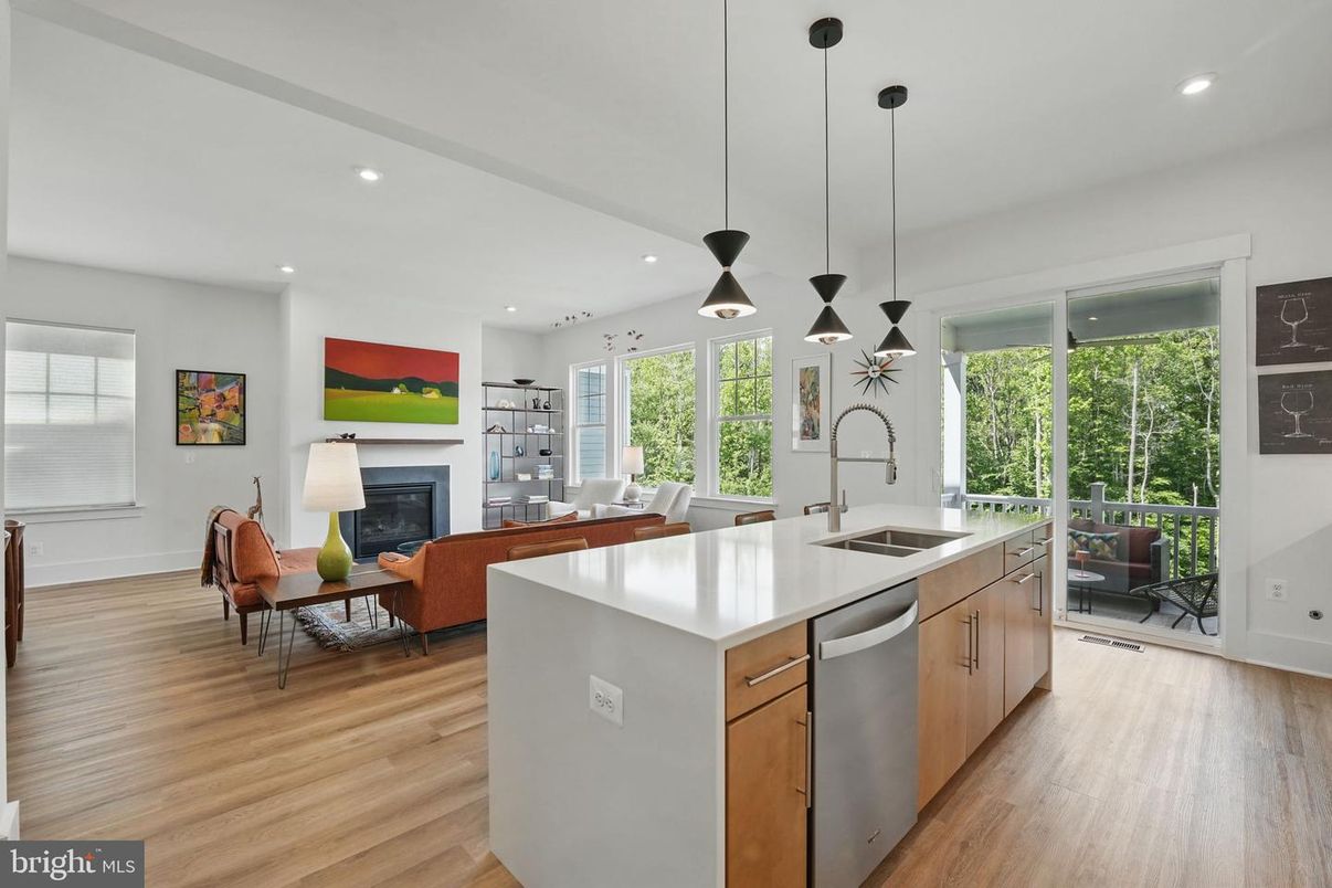 Fireplace, Interior, Kitchen, Living room, Pendant Lights, Recessed Lighting, Stainless Steel Appliances, Wood Texture Flooring