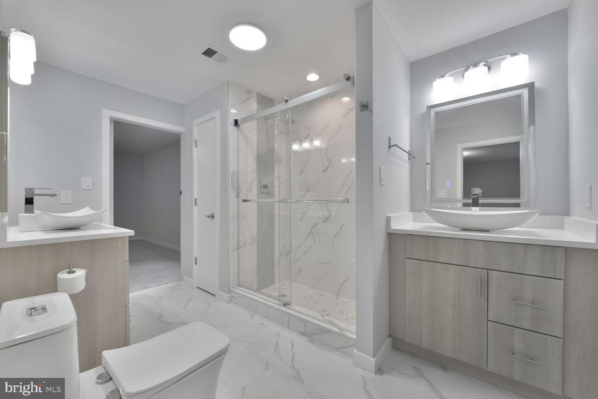 Bathroom, Glass Shower, Interior, Marble, Marble Walls, Recessed Lighting
