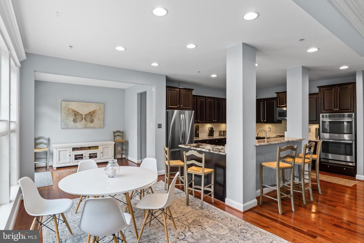 Dining room, Interior, Kitchen, Recessed Lighting, Stainless Steel Appliances, Wood Texture Flooring