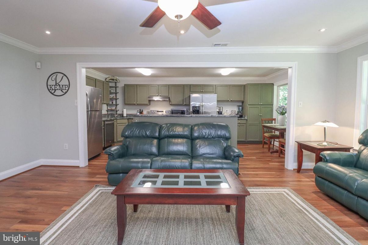 Interior, Kitchen, Living room, Recessed Lighting, Stainless Steel Appliances, Wood Texture Flooring