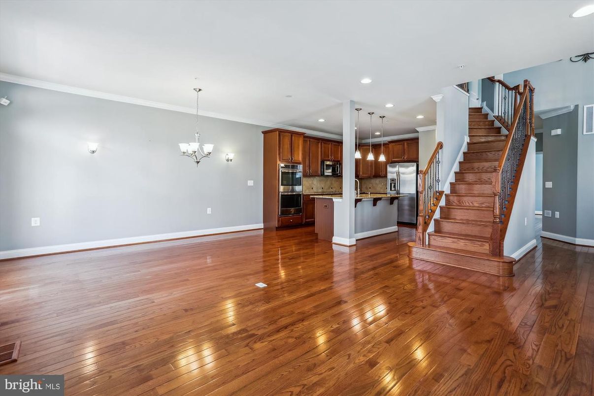Chandelier, Empty room, Interior, Kitchen, Pendant Lights, Recessed Lighting, Wood Texture Flooring