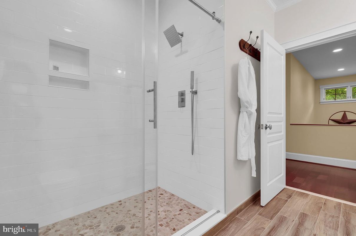 Bathroom, Glass Shower, Interior, Recessed Lighting, Wood Texture Flooring