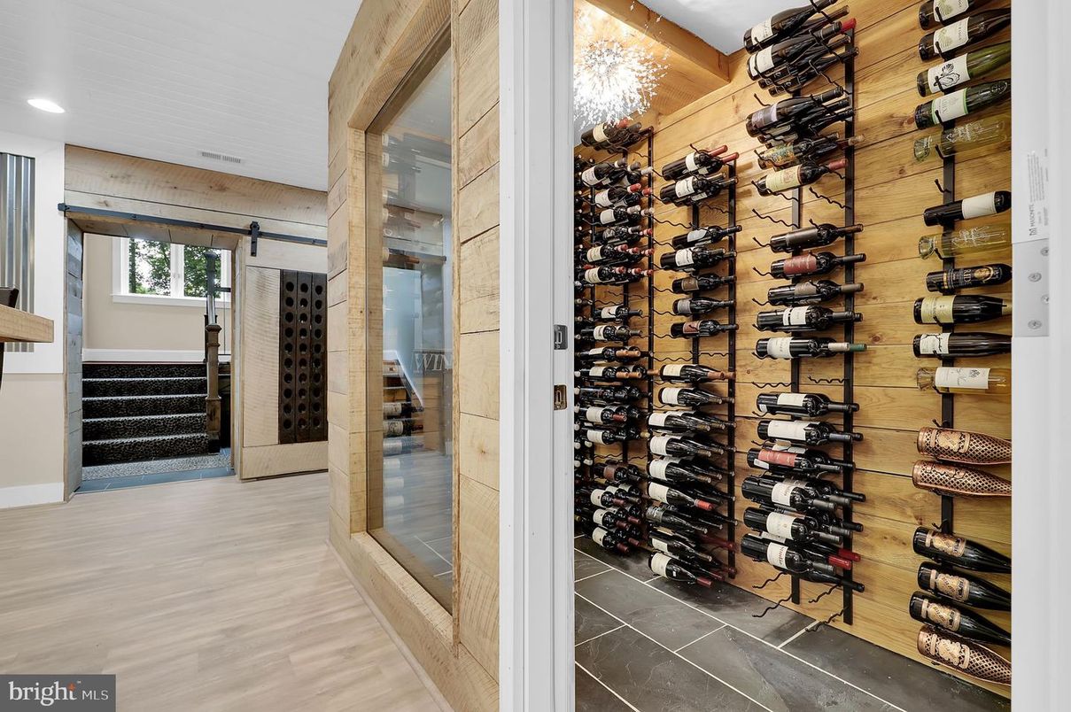 Chandelier, Interior, Recessed Lighting, Wine Storage, Wooden Walls