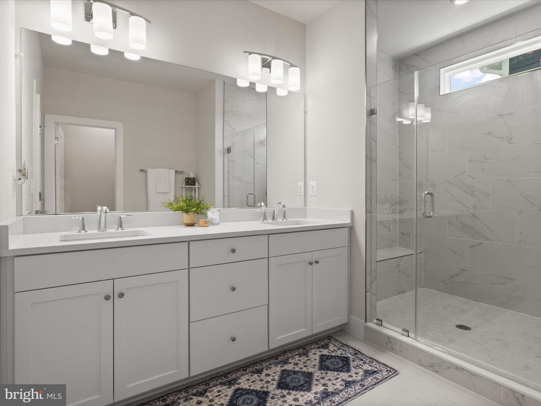 Bathroom, Dual Sink Vanities, Glass Shower, Interior, Marble Walls