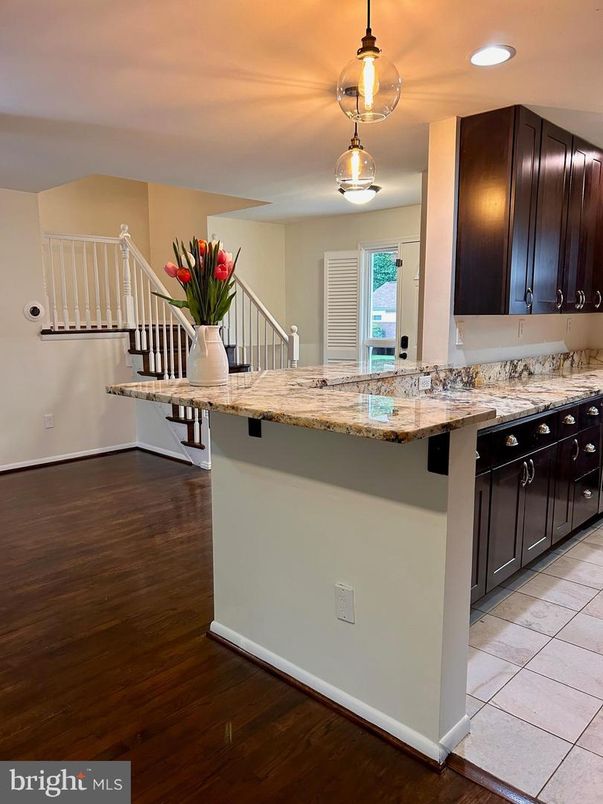 Interior, Kitchen, Pendant Lights, Recessed Lighting, Wood Texture Flooring