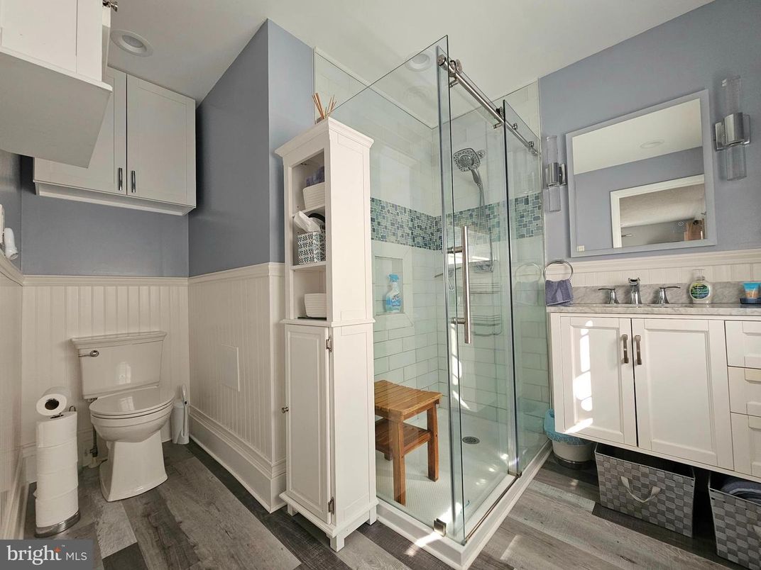 Bathroom, Glass Shower, Interior, Wood Texture Flooring