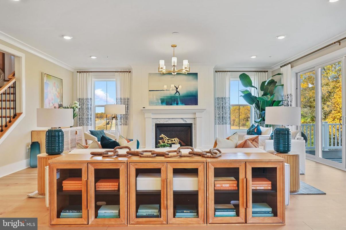 Chandelier, Fireplace, Interior, Living room, Recessed Lighting, Wood Texture Flooring
