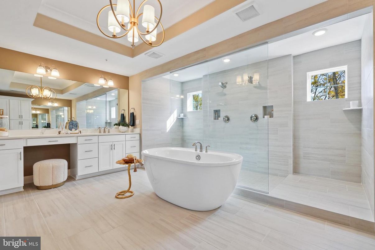 Bathroom, Chandelier, Free Standing Baths, Glass Shower, Interior, Recessed Lighting, Wood Texture Flooring