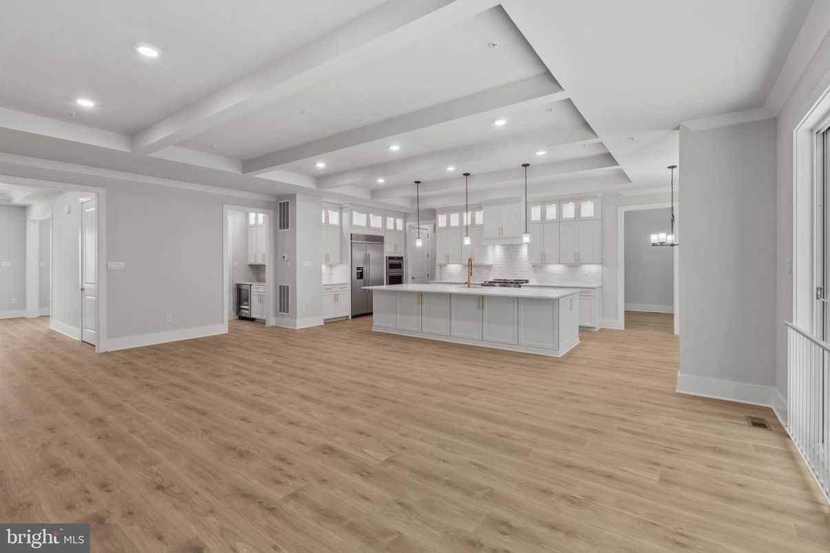 Empty room, Interior, Kitchen, Pendant Lights, Recessed Lighting, Stainless Steel Appliances, Wood Texture Flooring