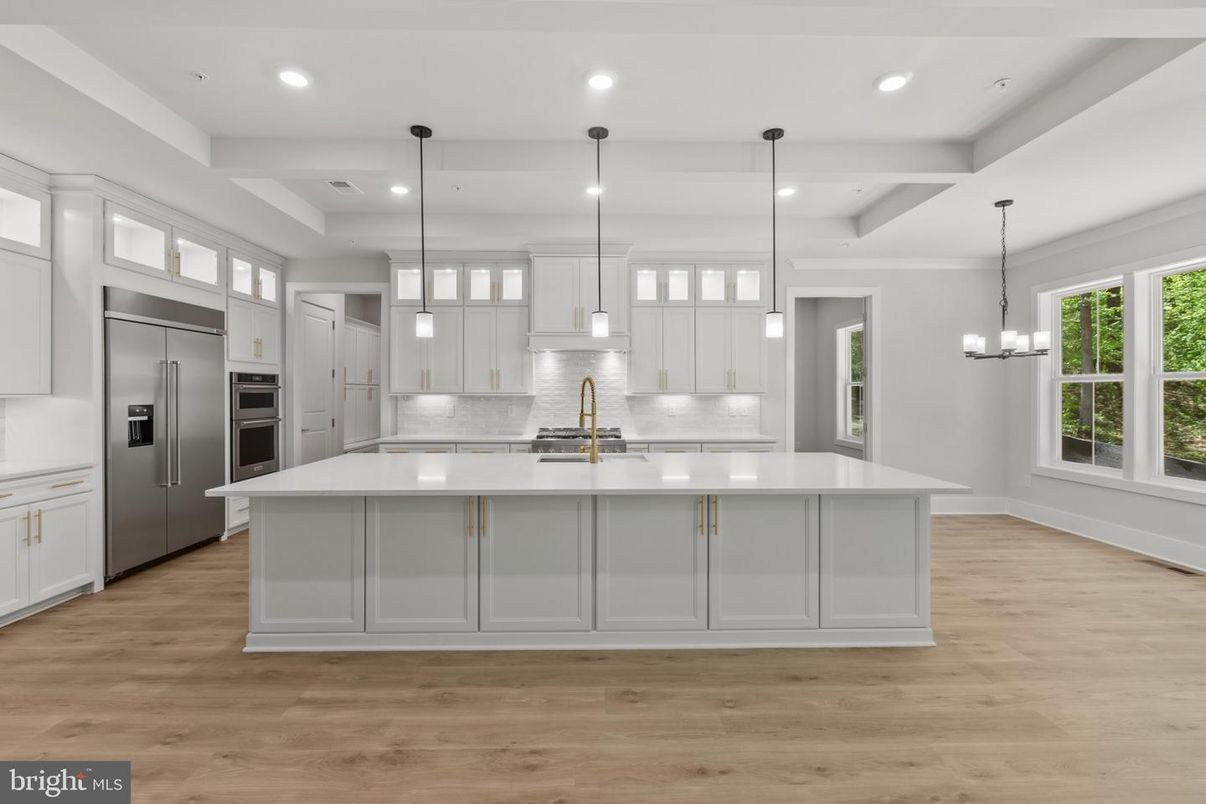 Chandelier, Interior, Kitchen, Pendant Lights, Recessed Lighting, Stainless Steel Appliances, Wood Texture Flooring