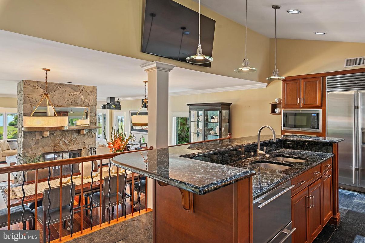 Fireplace, Interior, Kitchen, Pendant Lights, Recessed Lighting, Stainless Steel Appliances