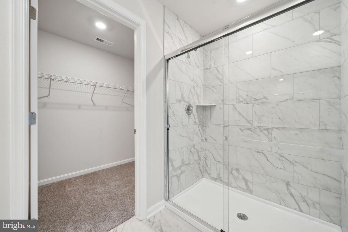 Bathroom, Glass Shower, Interior, Marble, Marble Walls, Recessed Lighting, Walk-in Closets