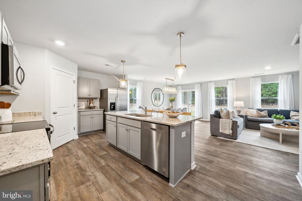 Interior, Kitchen, Living room, Pendant Lights, Recessed Lighting, Stainless Steel Appliances, Wood Texture Flooring