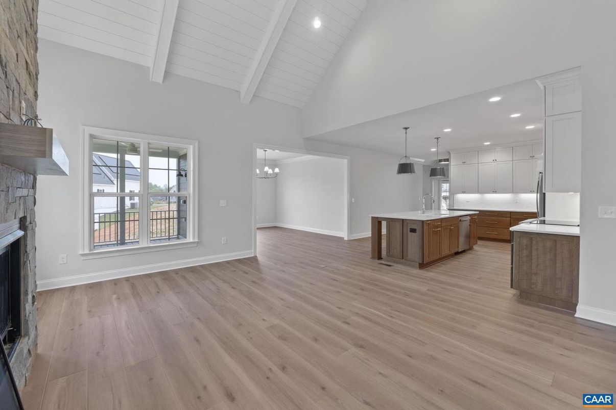 Fireplace, Interior, Kitchen, Pendant Lights, Recessed Lighting, Wood Texture Flooring
