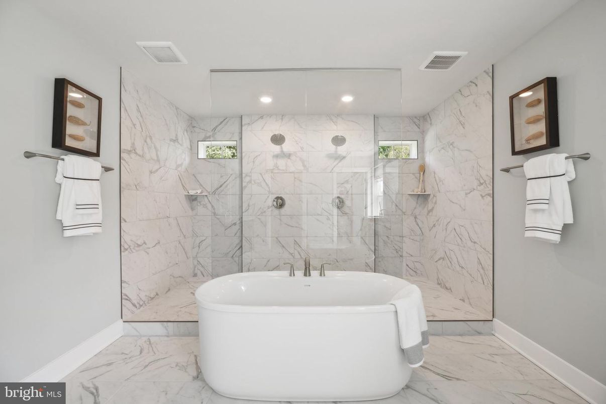 Bathroom, Free Standing Baths, Glass Shower, Interior, Marble, Marble Walls, Recessed Lighting