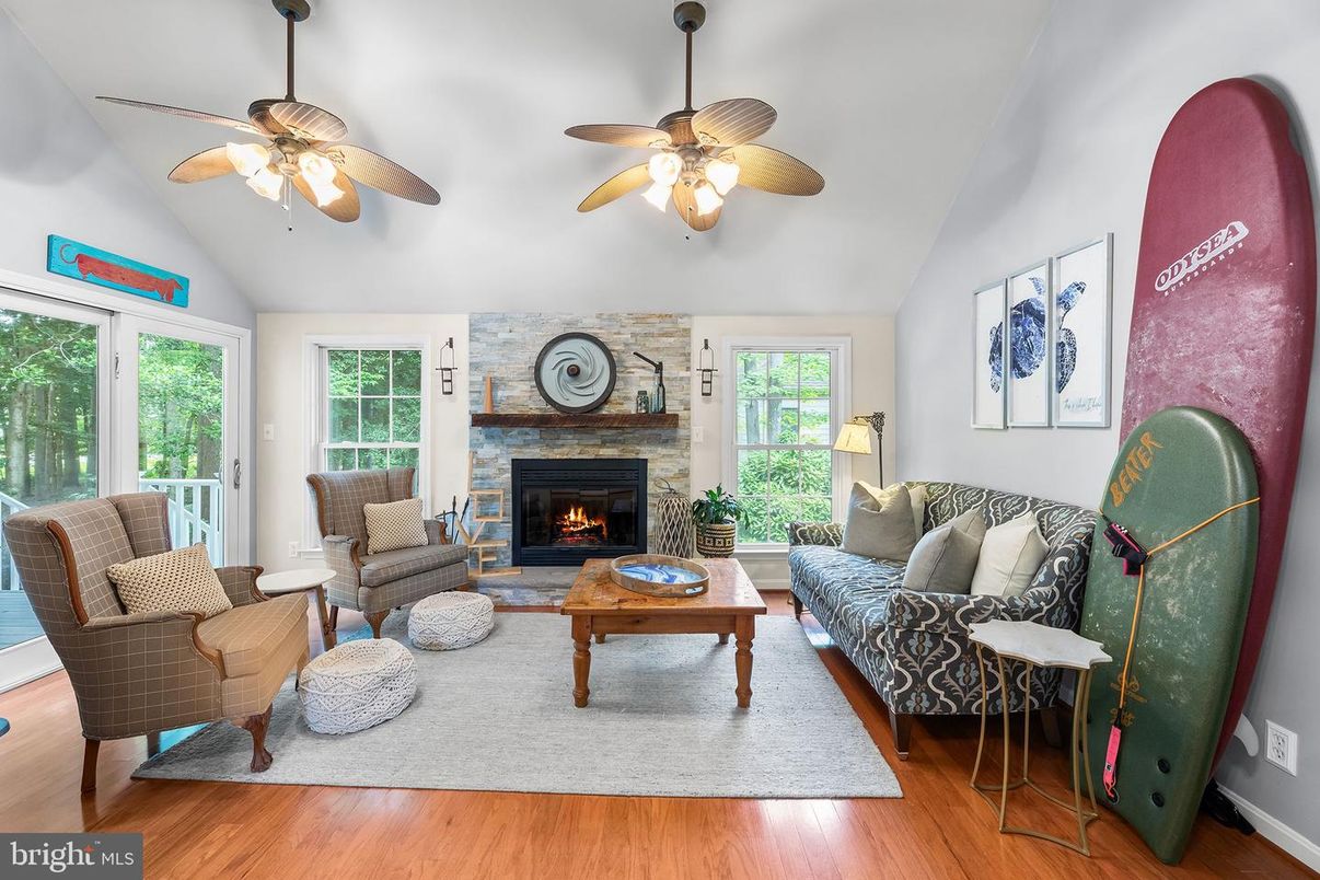 Fireplace, Interior, Living room, Stone Walls, Wood Texture Flooring