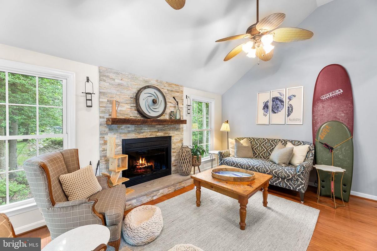 Fireplace, Interior, Living room, Stone Walls, Wood Texture Flooring