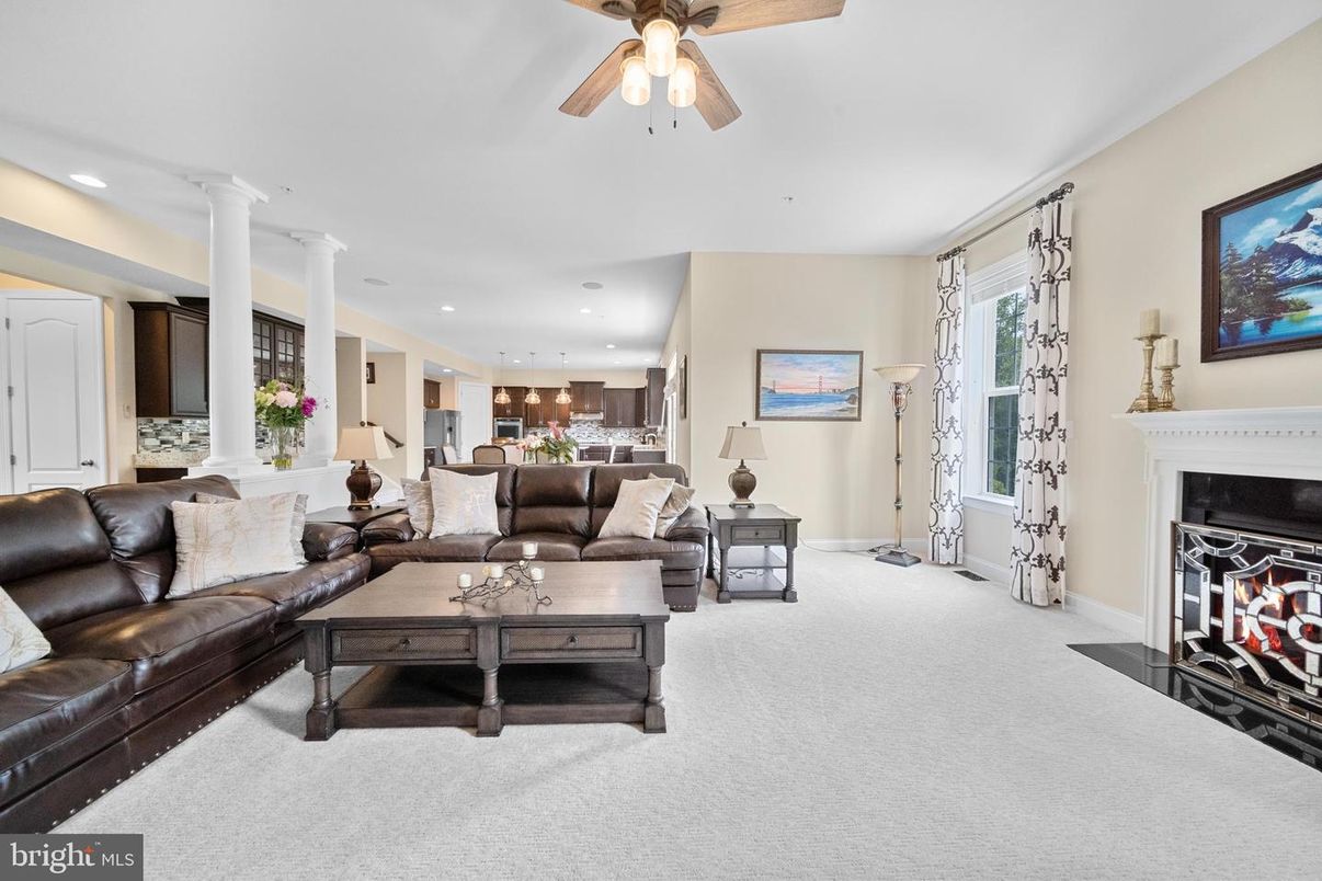 Fireplace, Interior, Kitchen, Living room, Pendant Lights, Recessed Lighting