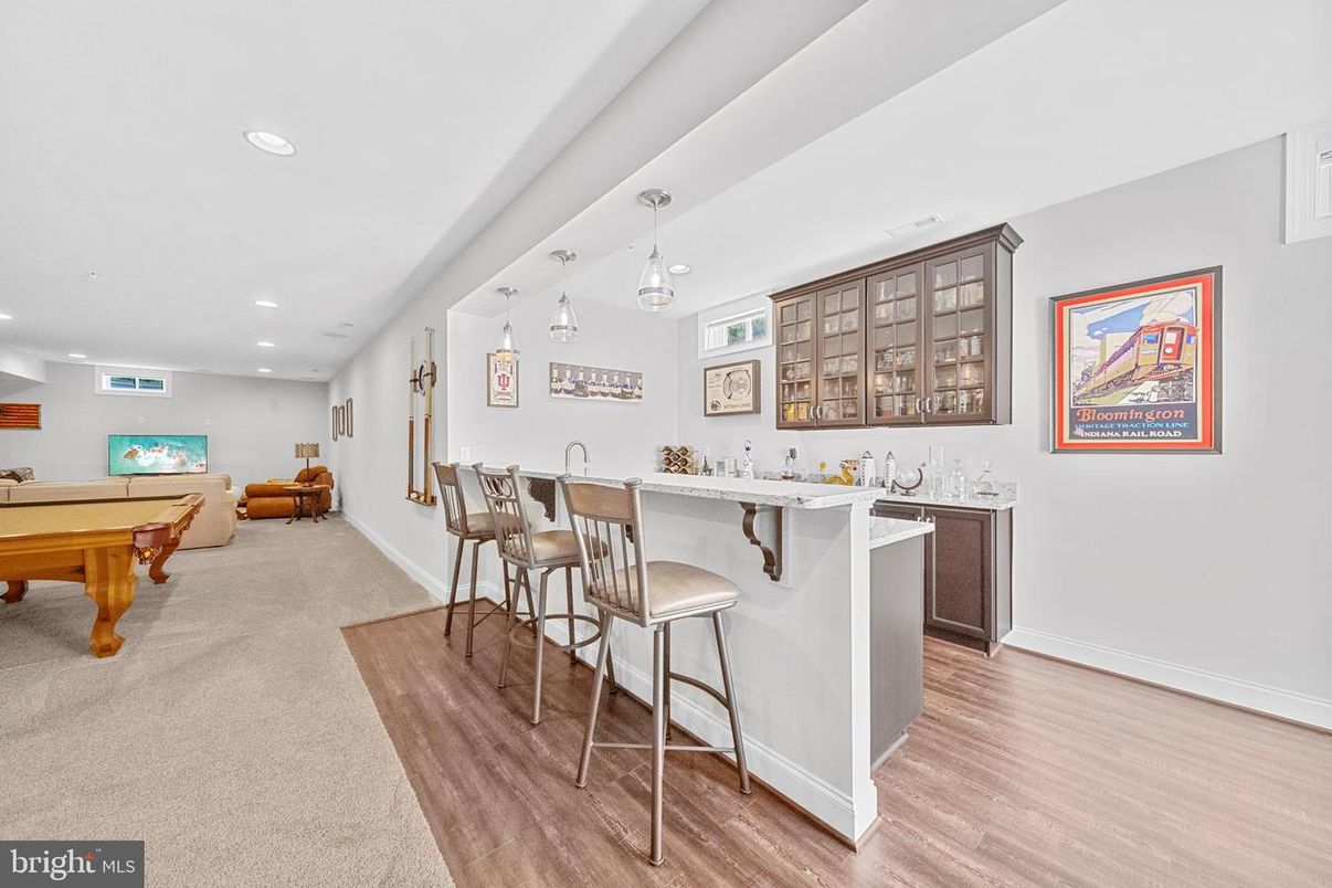 Billiard Table, Game Room, Interior, Pendant Lights, Recessed Lighting, Wood Texture Flooring