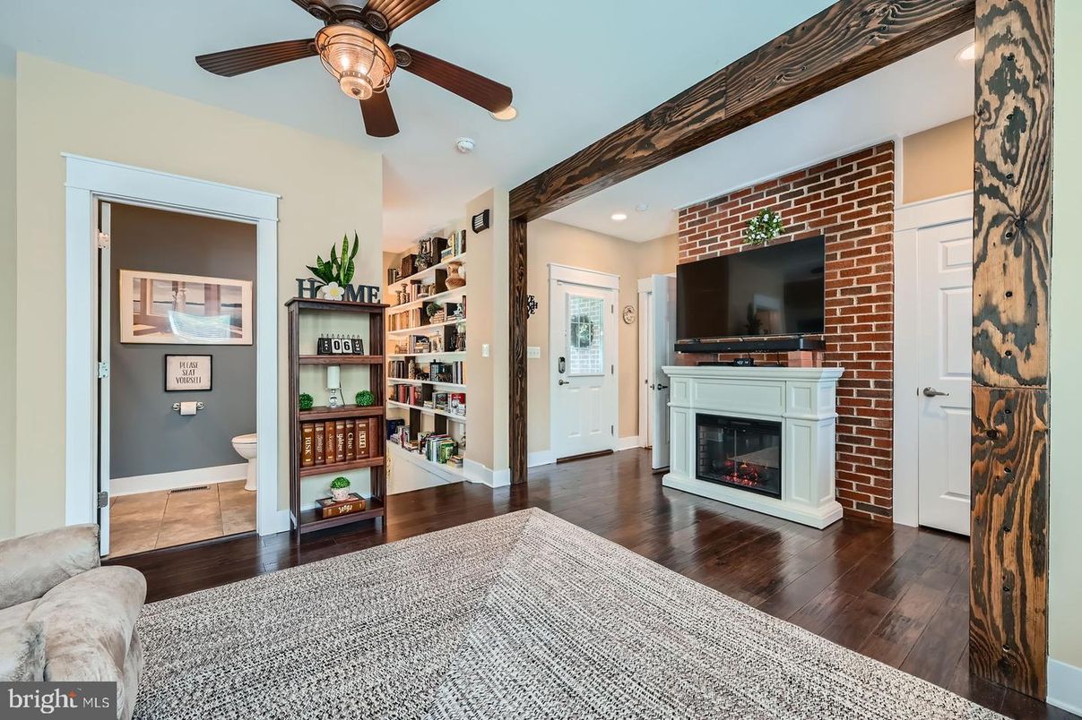Bathroom, Fireplace, Interior, Recessed Lighting, Stone Walls, Wood Texture Flooring