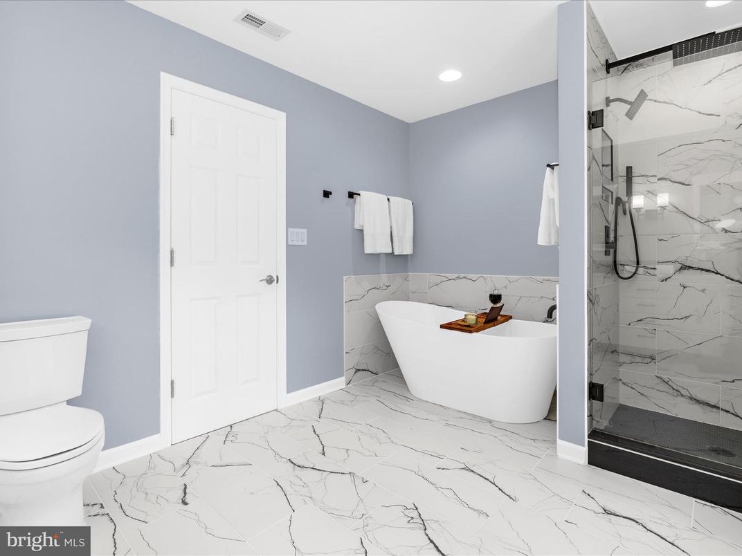 Bathroom, Free Standing Baths, Glass Shower, Interior, Marble, Marble Walls, Recessed Lighting