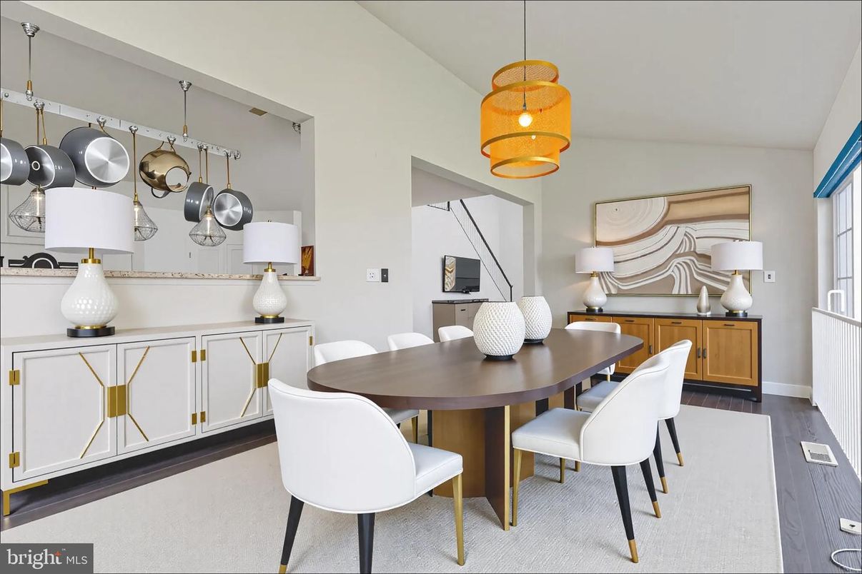 Dining room, Interior, Pendant Lights, Wood Texture Flooring