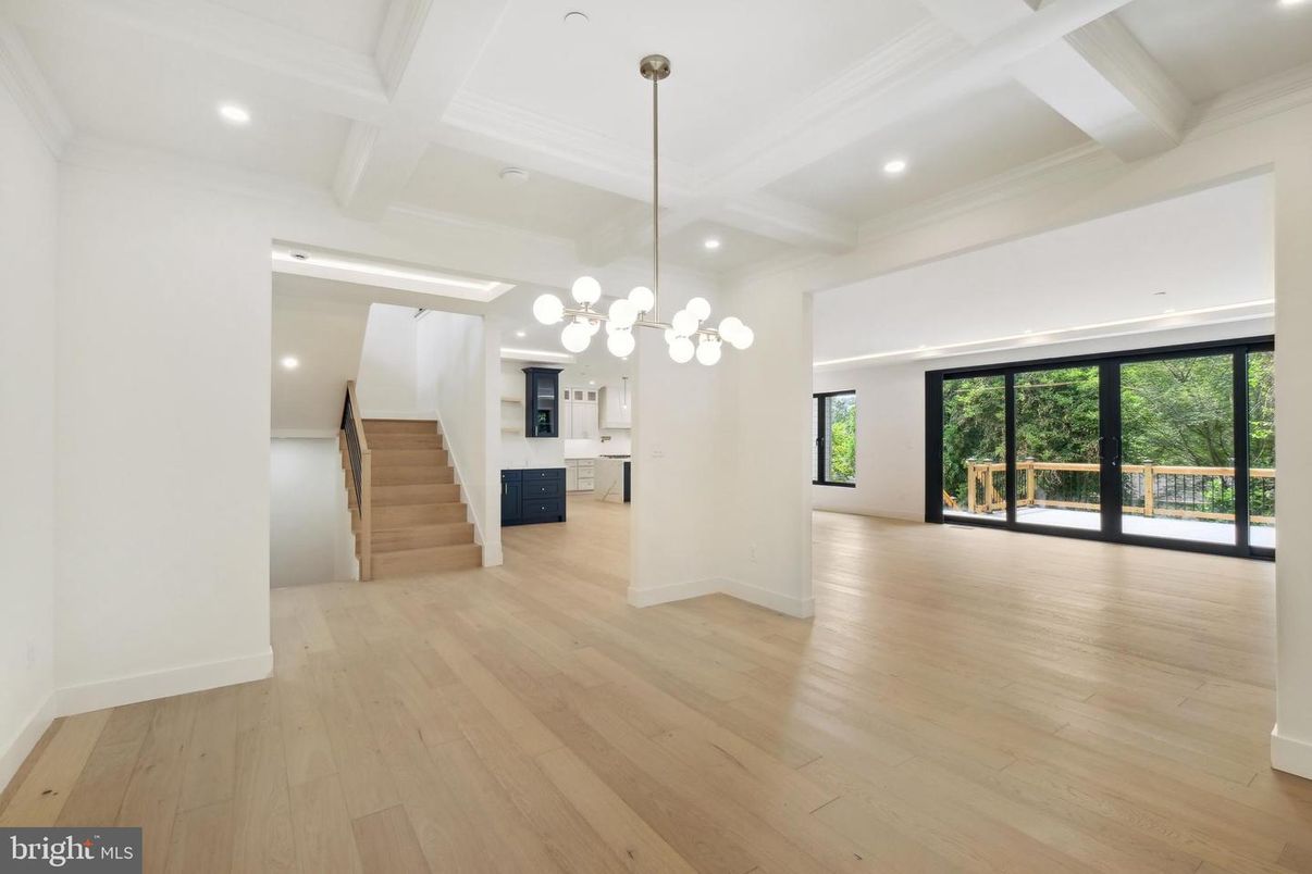 Empty room, Interior, Kitchen, Pendant Lights, Recessed Lighting, Wood Texture Flooring
