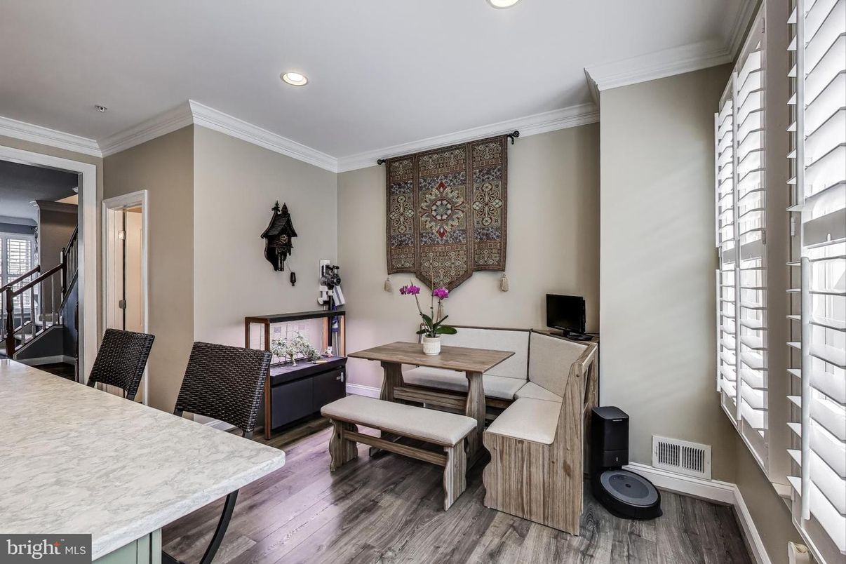 Dining room, Interior, Recessed Lighting, Wood Texture Flooring