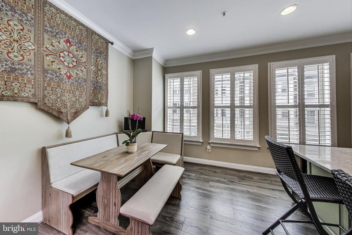 Dining room, Interior, Recessed Lighting, Wood Texture Flooring