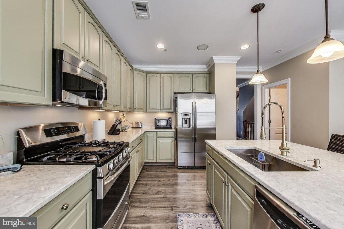 Interior, Kitchen, Pendant Lights, Recessed Lighting, Stainless Steel Appliances, Wood Texture Flooring