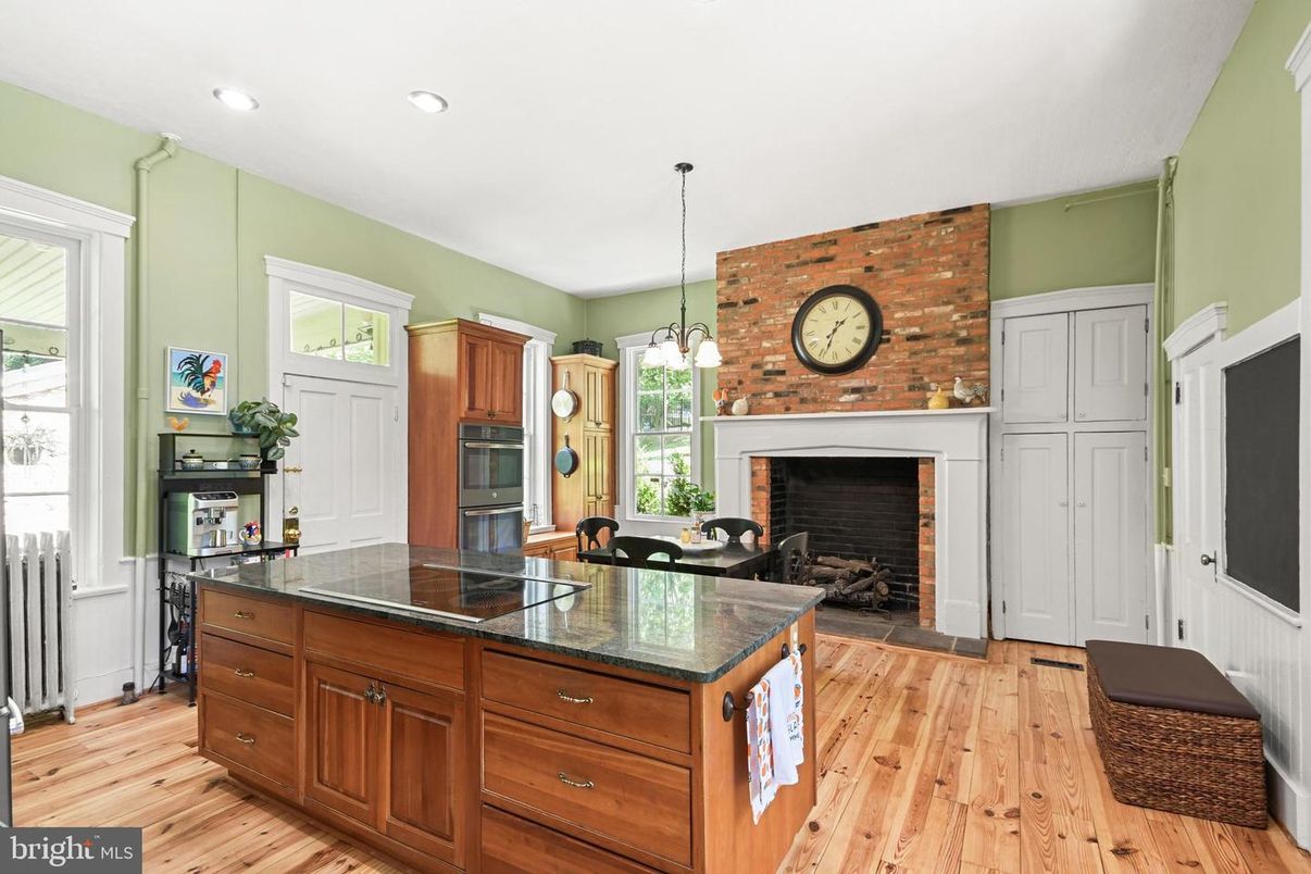 Fireplace, Interior, Kitchen, Pendant Lights, Recessed Lighting, Stone Walls, Wood Texture Flooring