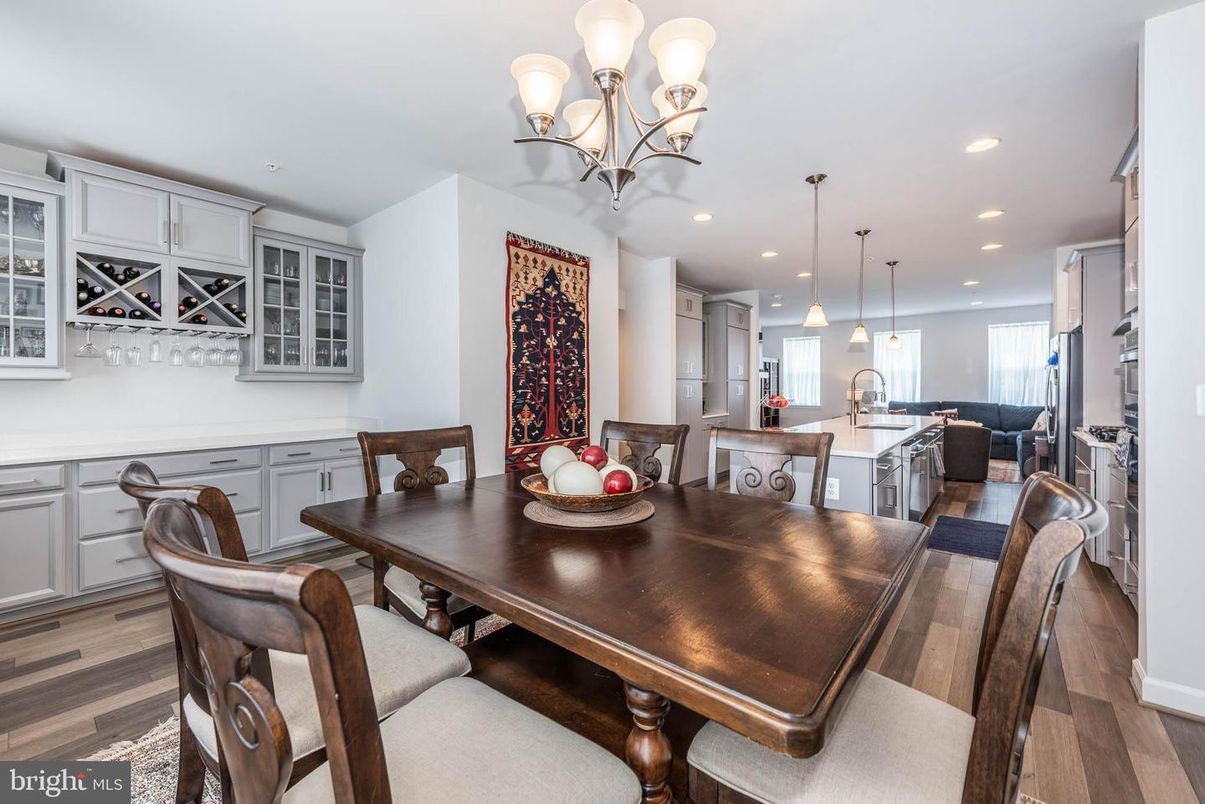 Chandelier, Dining room, Interior, Kitchen, Living room, Pendant Lights, Recessed Lighting, Wood Texture Flooring