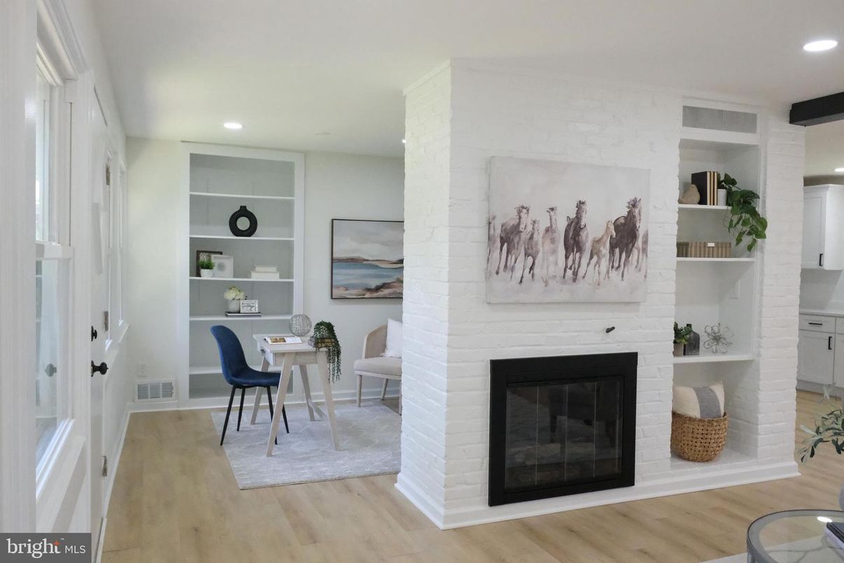 Fireplace, Home Office, Interior, Recessed Lighting, Wood Texture Flooring