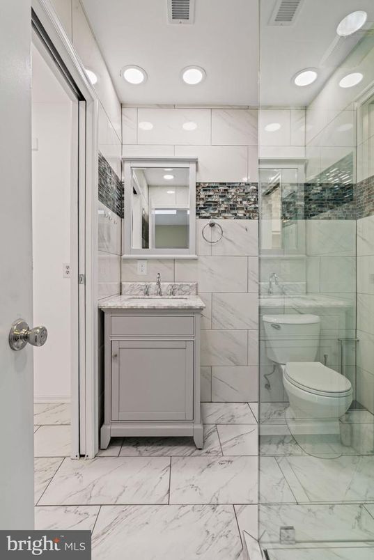 Bathroom, Glass Shower, Interior, Marble, Marble Walls, Recessed Lighting