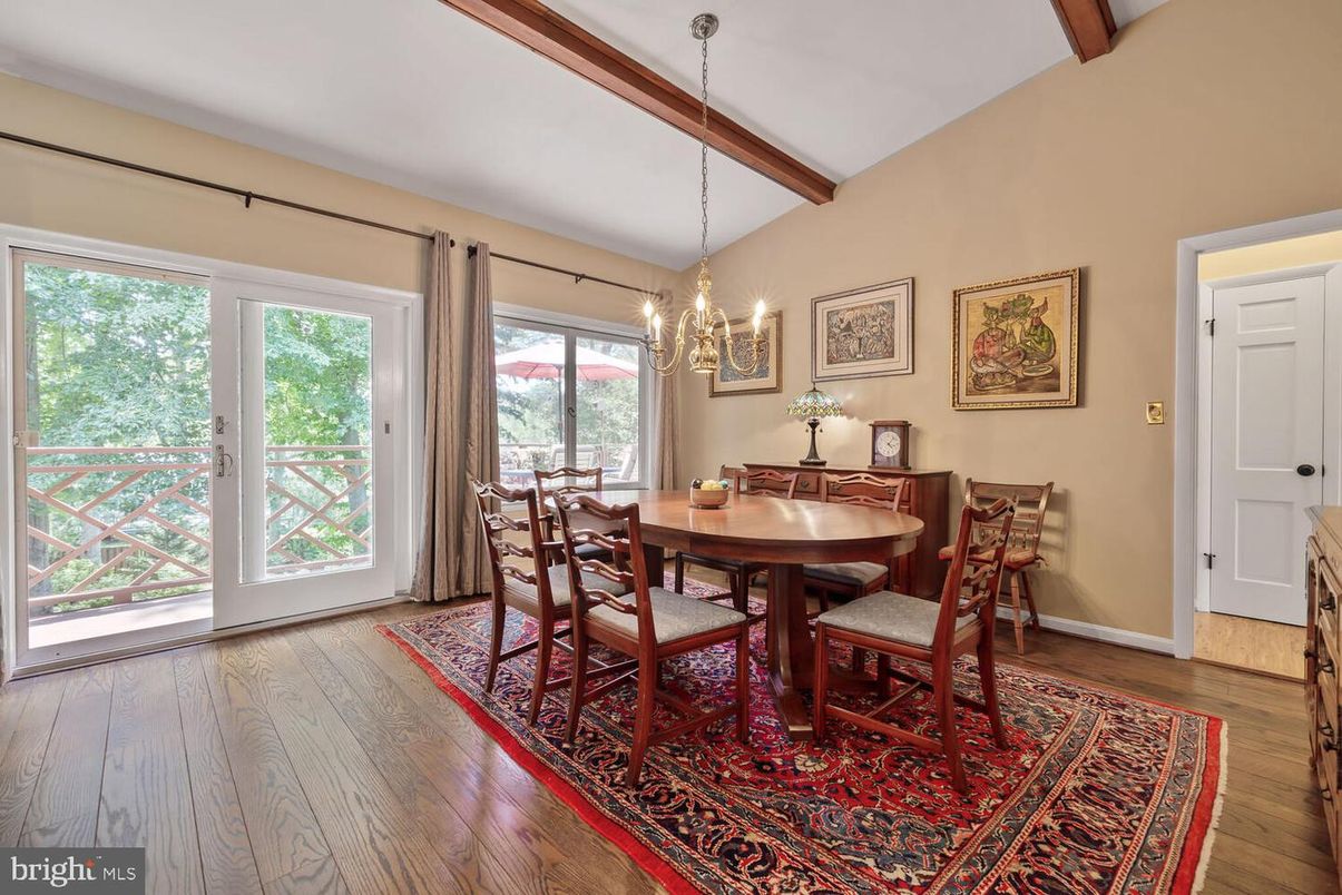 Chandelier, Dining room, Interior, Pendant Lights, Wooden Beams, Wood Texture Flooring