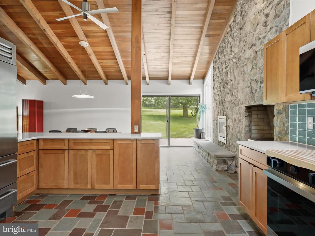 Fireplace, Interior, Kitchen, Stainless Steel Appliances, Stone Walls, Wooden Beams, Wooden Ceilings