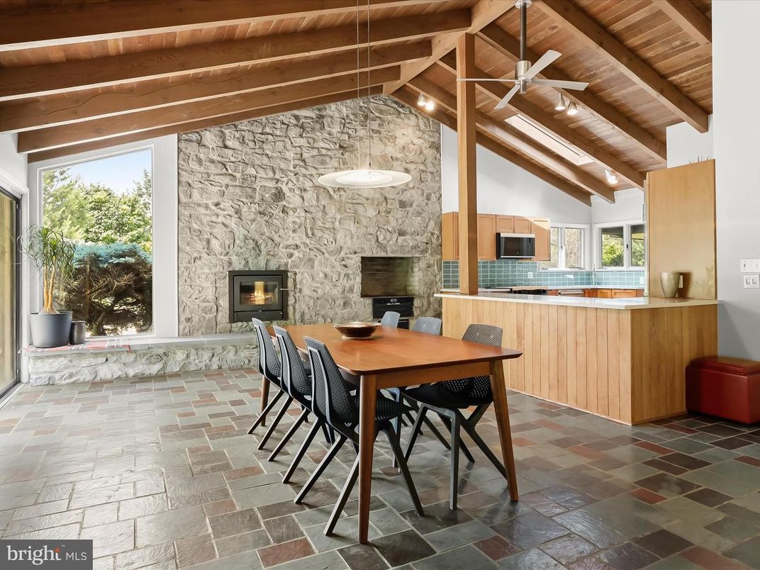 Dining room, Fireplace, Interior, Kitchen, Pendant Lights, Stone Walls, Wooden Beams, Wooden Ceilings