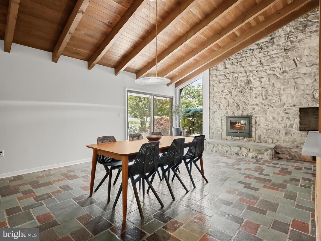 Dining room, Fireplace, Interior, Pendant Lights, Stone Walls, Wooden Beams, Wooden Ceilings