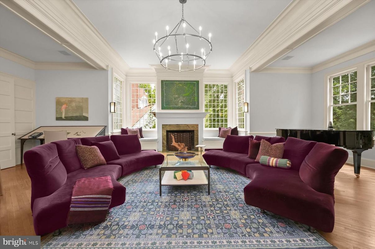 Chandelier, Fireplace, Interior, Living room, Pendant Lights, Piano, Wood Texture Flooring