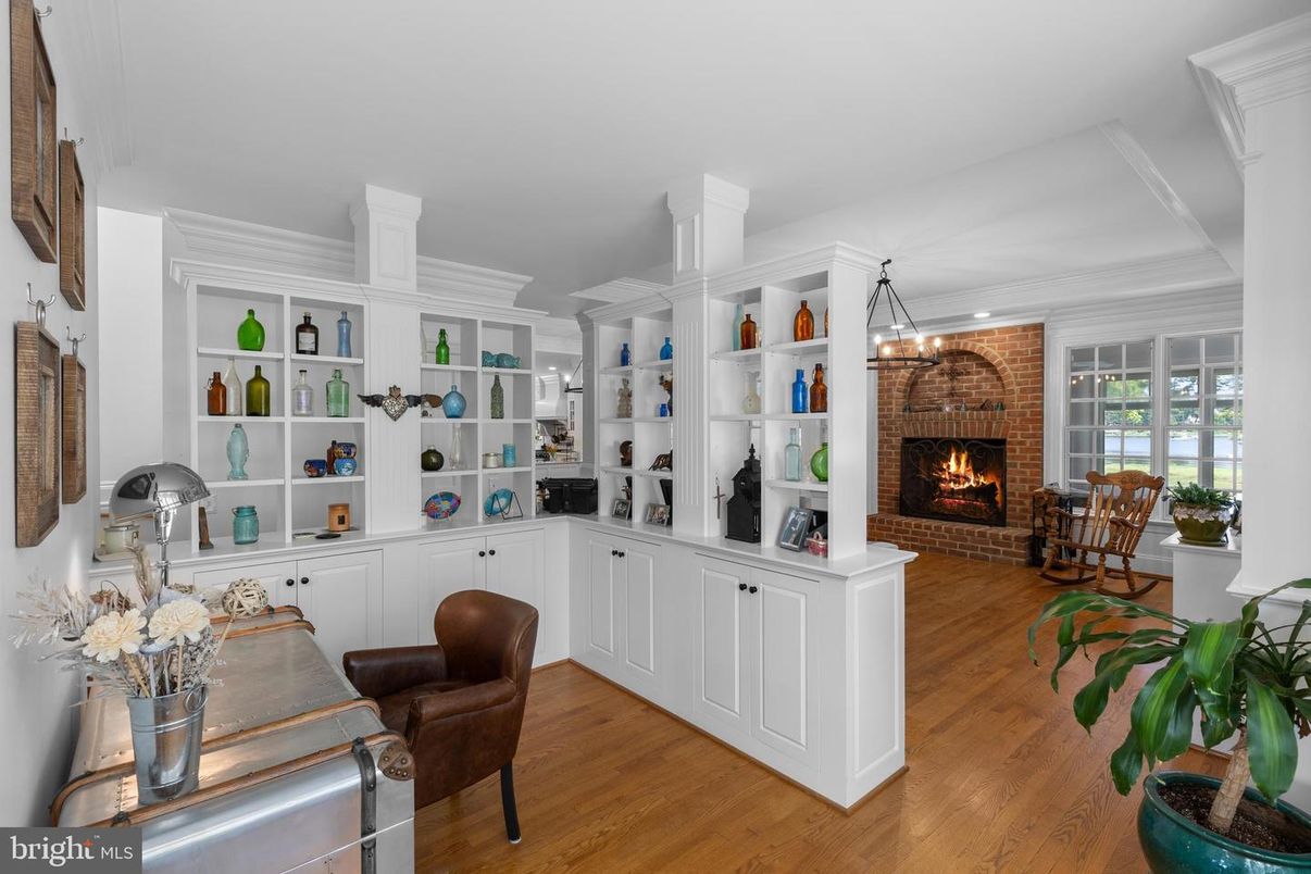 Fireplace, Interior, Pendant Lights, Stone Walls, Wood Texture Flooring