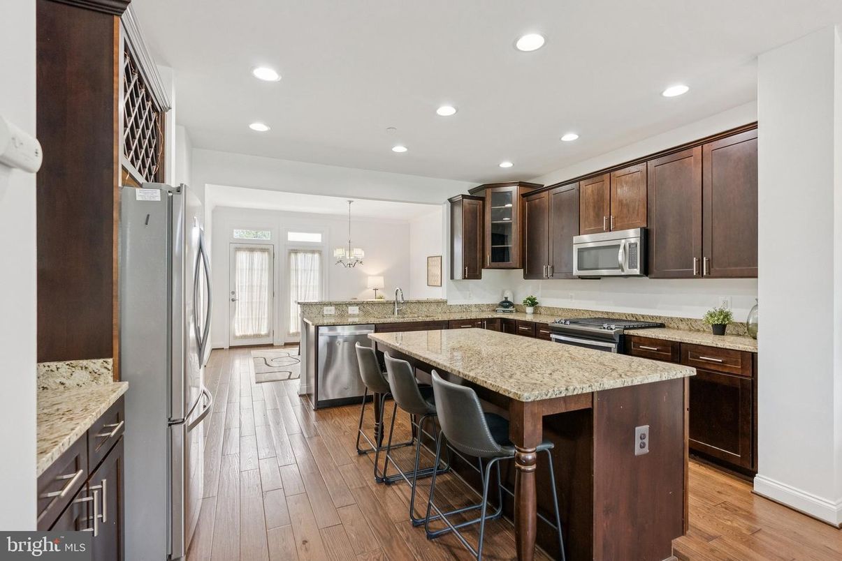 Chandelier, Interior, Kitchen, Recessed Lighting, Stainless Steel Appliances, Wood Texture Flooring