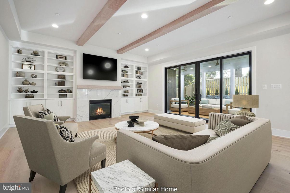 Fireplace, Interior, Living room, Recessed Lighting, Wooden Beams, Wood Texture Flooring