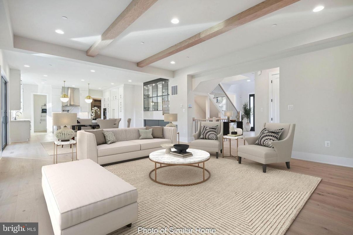 Interior, Kitchen, Living room, Pendant Lights, Recessed Lighting, Stainless Steel Appliances, Wooden Beams, Wood Texture Flooring